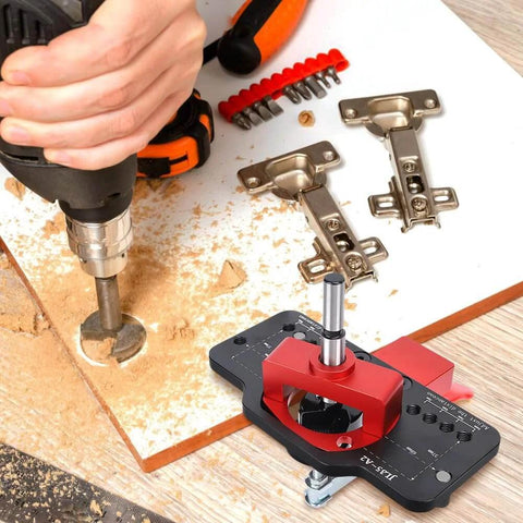 Hand using Concealed 35mm Cabinet Hinges With Foldable Soft Close Retrofit Design And Drill Locator Tool Kit for woodworking