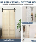 36 Inch Bifold Sliding Barn Door Hardware Track Kit display in living room, laundry room, and closet