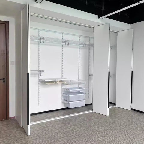 Free Sliding Bifold Door Hardware With Track 36 Inch Bi-Fold Closet Door Kit installed in white closet showing open doors and metal rails