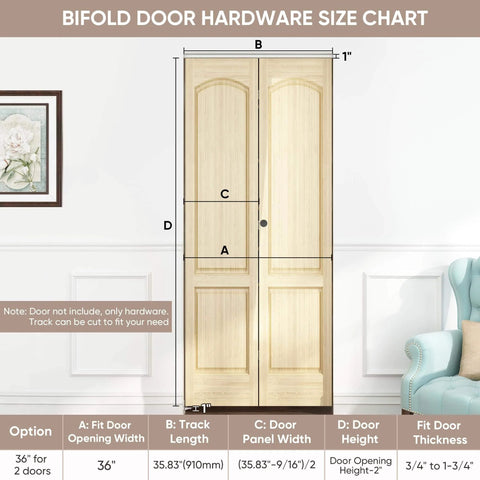 Size chart for 36 Inch Bifold Door Hardware Kit Top Mounted for Closet Inside Doors Bathroom Cabinets Two Door System.