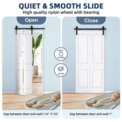 36 Inch Bifold Sliding Barn Door Hardware Track Kit for two 16 inch bi-fold closet doors, showing open and closed positions.