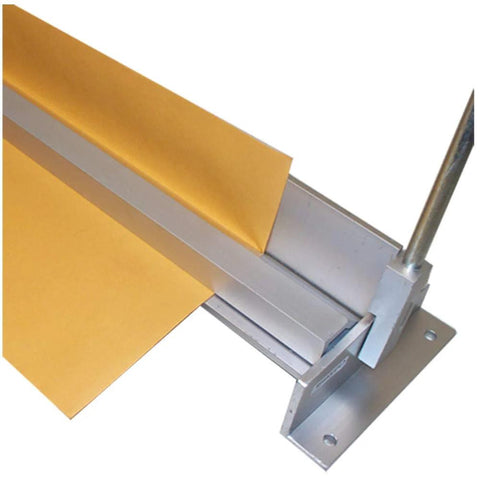 36 Inch Sheet Metal Brake Bender for Aluminum and Steel Trim forming a precise bend, showing benchtop mounting and operation detail.