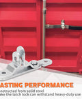Durable 36 inch trailer door latch with forged steel construction installed on a red enclosed trailer door