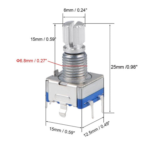 Detailed dimensions of 360 Degree Rotary Encoder Code Switch Digital Potentiometer EC11 With Five Pins And 15mm Shaft 5V Rated Pack Of Five