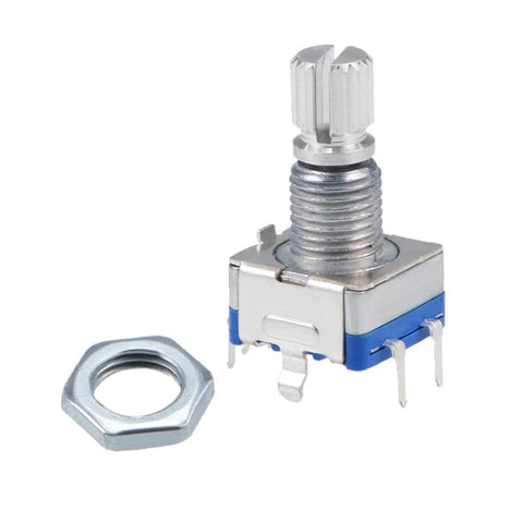 360 Degree Rotary Encoder Code Switch Digital Potentiometer EC11 With Five Pins And 15mm Shaft 5V Rated, shown with nut, for DIY projects.