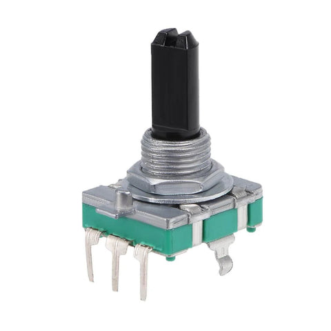360 Degree Rotary Encoder Switch with Digital Potentiometer, 5 Pins, D Shaft, shown at an angle, 11mm height, ideal for DIY electronics
