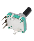 360 Degree Rotary Encoder Switch With Digital Potentiometer, 5 Pins, D Shaft, front view showing green and silver design