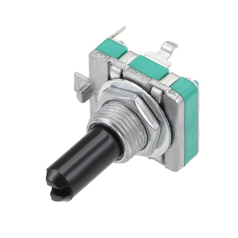 Close-up of a 360 Degree Rotary Encoder Switch with Digital Potentiometer, 5 Pins, D Shaft, 11mm Height, 6mm Shaft Diameter, 8.8mm Thread