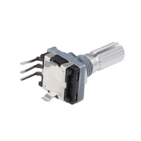 Close-up of 360 Degree Rotary Encoder With Code Switch And Digital Potentiometer, 14mm Shaft, 5 Pins, 5V Logic, for electronics projects.