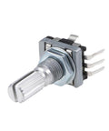 360 Degree Rotary Encoder With Code Switch And Digital Potentiometer, 14mm Shaft, 5 Pins, Side view of compact metal component.
