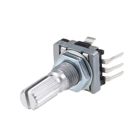 360 Degree Rotary Encoder With Code Switch And Digital Potentiometer, 14mm Shaft, 5 Pins, Side view of compact metal component.