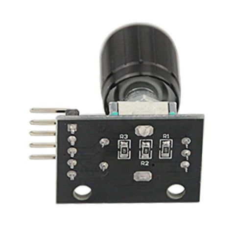 Front view of a KY040 rotary encoder module with knob cap, part of an 8 Pcs KY040 360 Degree Rotary Encoder Modules With Knob Caps For Arduino Microcontroller Use, Continuous Rotation Without Limits, Detent And Push Button, Reset To Zero, Prototyping And Control Interfaces, A Must Have Gear For DIY Arduino.