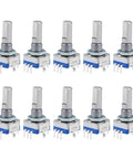 Pack Of Ten EC11 360 Degree Rotary Encoder With Code Switch And Digital Potentiometer, features five signal pins, and two mounting pins.