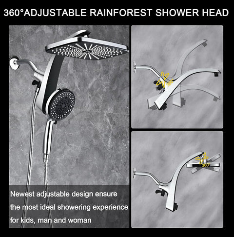 High Pressure Rain Shower Head With Magnetic Detachable Handheld Combo, 360° adjustable design, fixed showerhead, and 10 sprays.
