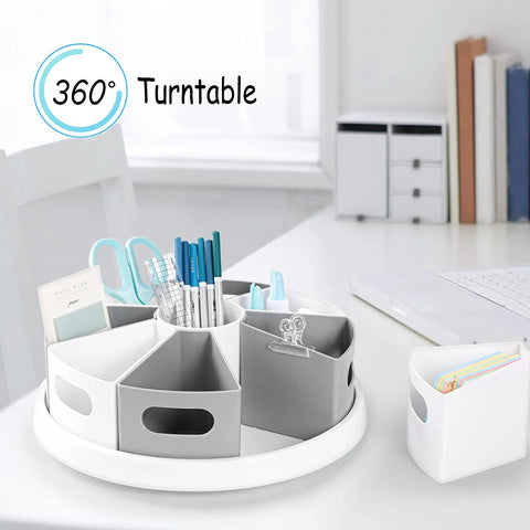 360 Degree Rotating Desk Organizer with nine deep bins and a 12 inch Lazy Susan Turntable for office supplies.