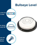 Bullseye 360 Degree RV Level for Campers and Trailers Reads 360 Degrees at Once Bubble Level Dome shown with features and diagrams