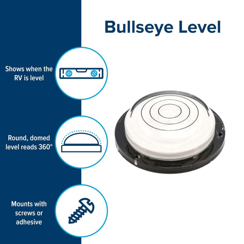 Bullseye 360 Degree RV Level for Campers and Trailers Reads 360 Degrees at Once Bubble Level Dome shown with features and diagrams