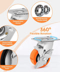 360° view of 4 inch industrial heavy duty caster wheels set of 4 with polyurethane swivel design, showcasing dual ball bearings.