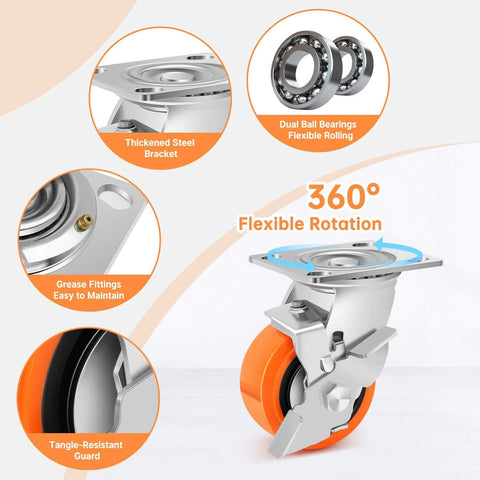 360° view of 4 inch industrial heavy duty caster wheels set of 4 with polyurethane swivel design, showcasing dual ball bearings.