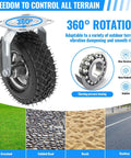 8 inch pneumatic caster wheels set of 4 with heavy duty rubber knobby tread, showing 360° rotation and adaptability for various terrains.