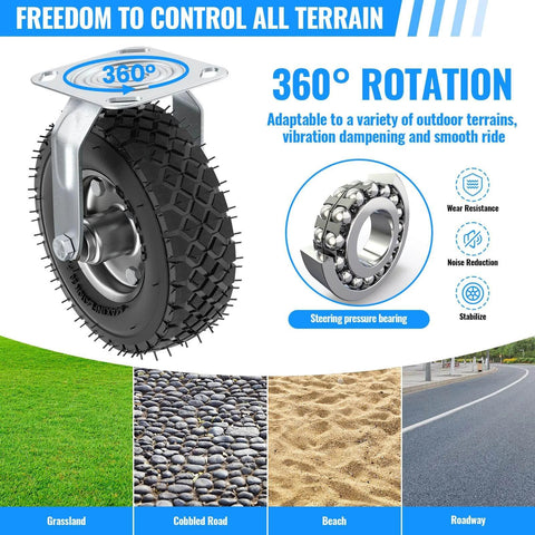 8 inch pneumatic caster wheels set of 4 with heavy duty rubber knobby tread, showing 360° rotation and adaptability for various terrains.