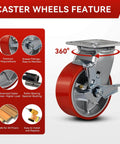 Caster wheels feature with 5"x2" Industrial Casters- Heavy Duty casters, Polyurethane Wheel, 360-degree swivel, and brake details.