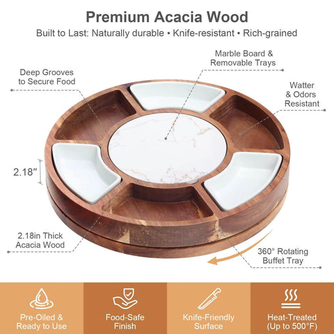 360 degree rotating lazy susan cheese and charcuterie board set with 13.5 inch acacia wood serving board, slate chiller, and accessories.