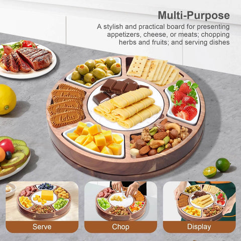 360 degree rotating lazy susan cheese and charcuterie board set with 13.5 inch acacia wood serving board, slate chiller, and accessories.