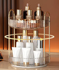 360 Degree Rotating Makeup Organizer and Storage for Vanity and Countertop with two tiers in clear white holding cosmetics