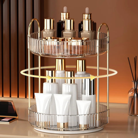 360 Degree Rotating Makeup Organizer and Storage for Vanity and Countertop with two tiers in clear white holding cosmetics