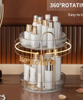 360 Degree Rotating Makeup Organizer and Storage for Vanity and Countertop, two-tier clear white Lazy Susan holding cosmetics.