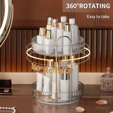 360 Degree Rotating Makeup Organizer and Storage for Vanity and Countertop, two-tier clear white Lazy Susan holding cosmetics.