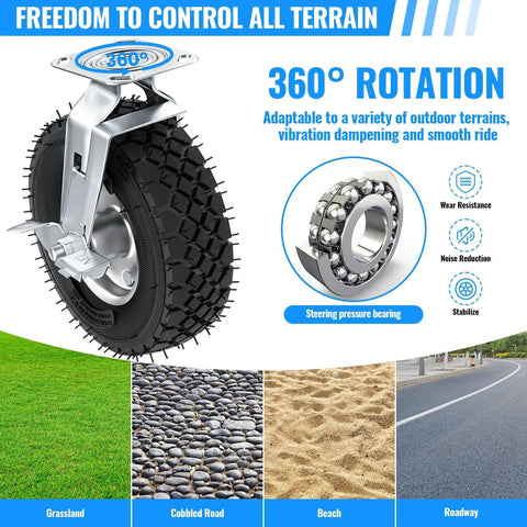 10 inch heavy duty caster wheels with brakes set of 4, locking swivel plate industrial casters rated up to 1300 lbs, featuring 360° rotation.