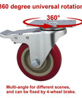 Close-up of 6 piece 4 inch heavy duty locking swivel casters with brakes, set designed for carts and workbenches with 3300 lb load capacity, showcasing 360° rotation.