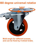 Close-up of 6 piece 4 inch heavy duty locking swivel casters with brake showcasing 360 degree rotation and orange wheel.