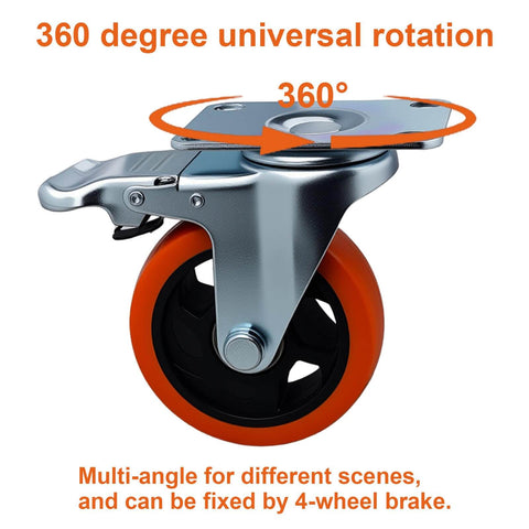 Close-up of 6 piece 4 inch heavy duty locking swivel casters with brake showcasing 360 degree rotation and orange wheel.