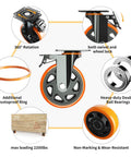 6 Inch Heavy Duty Caster Wheels Set of 4 with locking industrial swivel top plate design showing features like 360° rotation and wear-resistant wheels.
