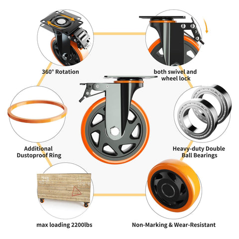 6 Inch Heavy Duty Caster Wheels Set of 4 with locking industrial swivel top plate design showing features like 360° rotation and wear-resistant wheels.