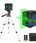 360 Degree Cross Line Laser With Self Leveling Delivers Bright Horizontal And Vertical Lines For Precise Tile Setting Cabinet Installation And Framing With 110 Degree Projection For Quick Easy Alignment And Reliable Battery Powered Operation shown with tripod, batteries, and pouch.