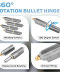 4 Pcs 4 Inch BBQ Smoker Bullet Weld On Hinges showing welding surface, 180° swivel, replacement bushing, and grease fitting details