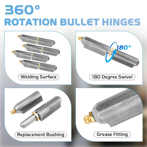 4 Pcs 4 Inch BBQ Smoker Bullet Weld On Hinges showing welding surface, 180° swivel, replacement bushing, and grease fitting details