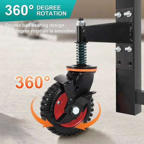 Six Inch Gate Wheels With Brake For Metal Swing Tube Gates And Wooden Fence Gates, Spring Loaded Vertical Spring For Height Compensation, 360 Degree Swivel With Smooth Rotation, Supports Up To 500 Lbs, side view
