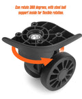 Close-up of 2 Pcs Luggage Replacement Wheels Model A208 with 360 Degree Swivel Rubber Spinner Casters for suitcase repair.