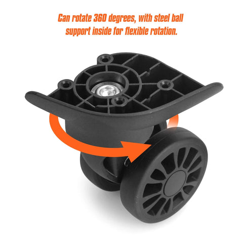 Close-up of 2 Pcs Luggage Replacement Wheels Model A208 with 360 Degree Swivel Rubber Spinner Casters for suitcase repair.