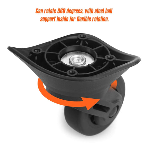 Close-up of 2 Pcs Luggage Replacement Wheels Model A73 showcasing 360 degree swivel design with durable rubber and metal.