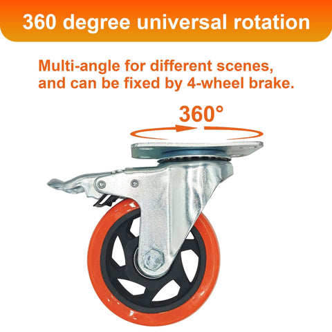 8 piece 4 inch heavy duty locking swivel casters with brake showcasing 360 degree rotation; ideal for furniture and carts.