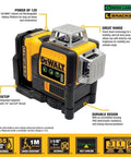 360° self-leveling green laser with 12V cordless power, IP65 protection, magnetic bracket for walls, ceilings, and fixtures layout.