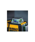 Close-up of a 360° self-leveling green laser with IP65 protection and cordless 12V power, highlighting the laser mechanism and branding.