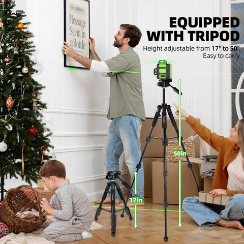 Achieve precise indoor and outdoor alignment with a 360° self-leveling laser level kit, featuring three 360 beams, a tall 50 inch tripod
