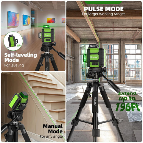 Achieve precise indoor and outdoor alignment with a 360° self-leveling laser level kit, featuring three 360 beams, a tall 50 inch tripod